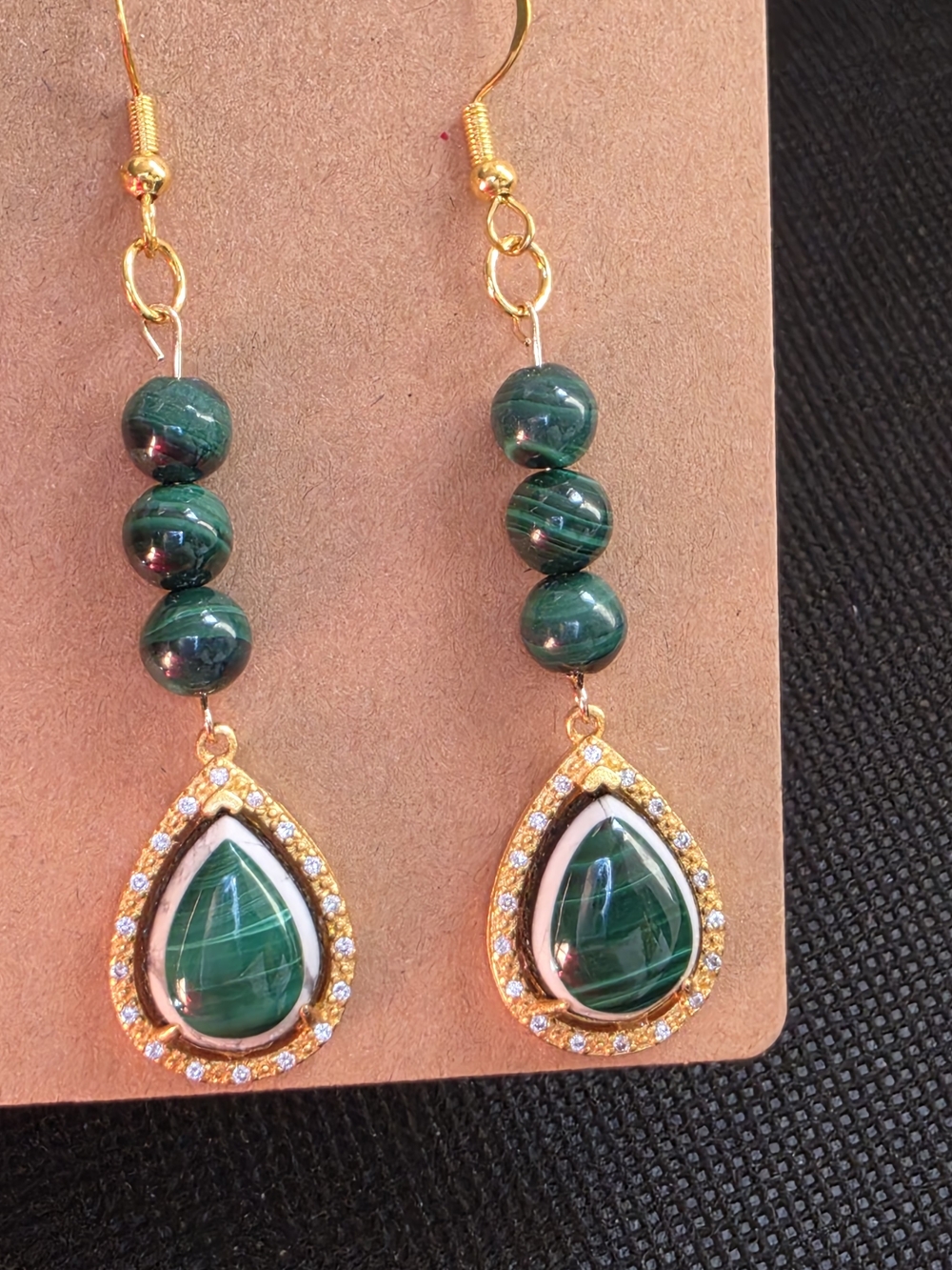 Gold Teardrop Dangle Earrings with Green Malachite Beads